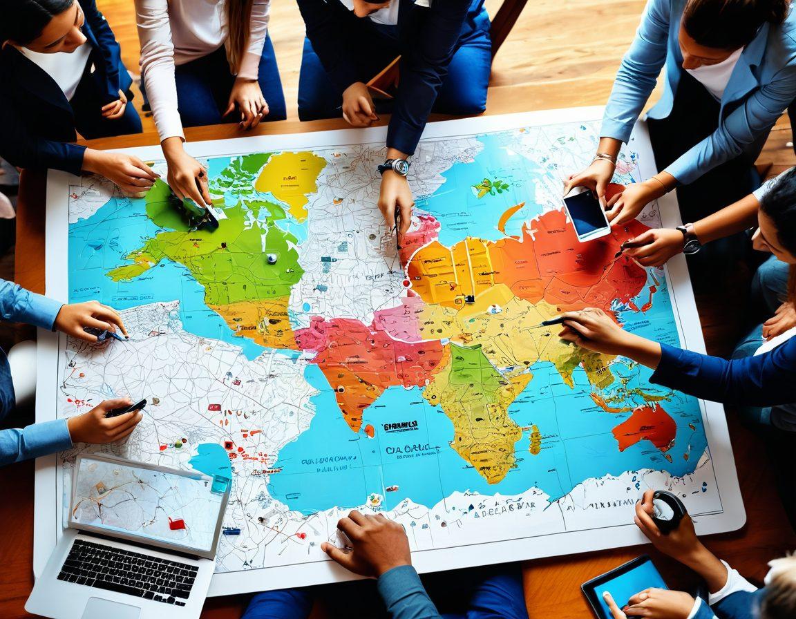 A diverse group of individuals gathered around a large digital map showcasing various blogs, with colorful pins representing personal expression and content marketing. The scene captures different styles of blogging, from casual journaling to professional marketing strategies, while displaying vibrant symbols of creativity and strategy. The setting is modern and tech-savvy, with laptops and tablets in use. bright and engaging ambiance. super-realistic. vibrant colors.