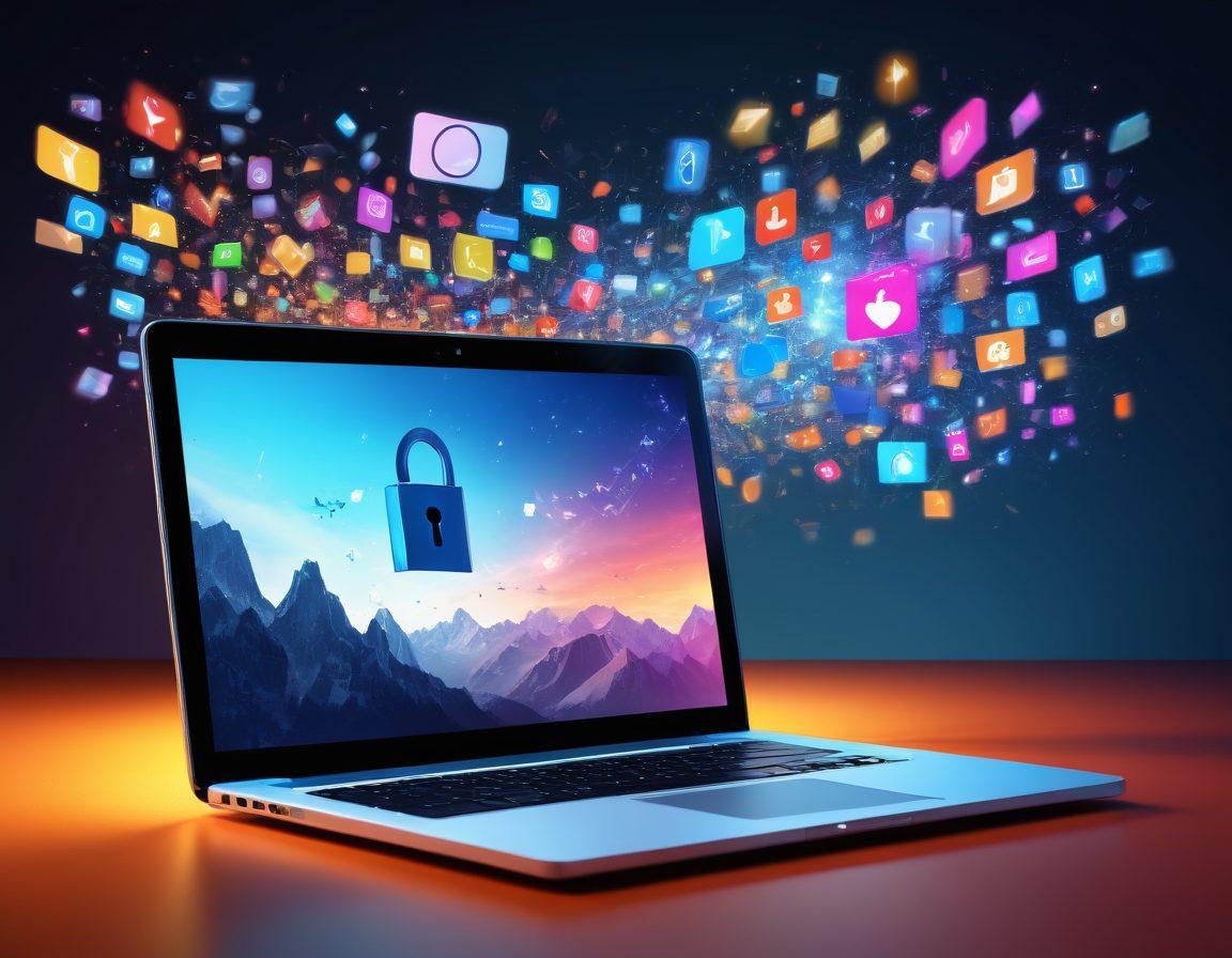 A dynamic digital landscape featuring an open padlock symbolizing freedom and creativity, surrounded by vibrant icons representing various online platforms like blogs, social media, and video sharing. In the background, a silhouette of a person triumphantly navigating this digital realm on a glowing laptop. Add elements like flying papers with blog snippets and bright, engaging colors to energize the scene. super-realistic. vibrant colors. 3D.
