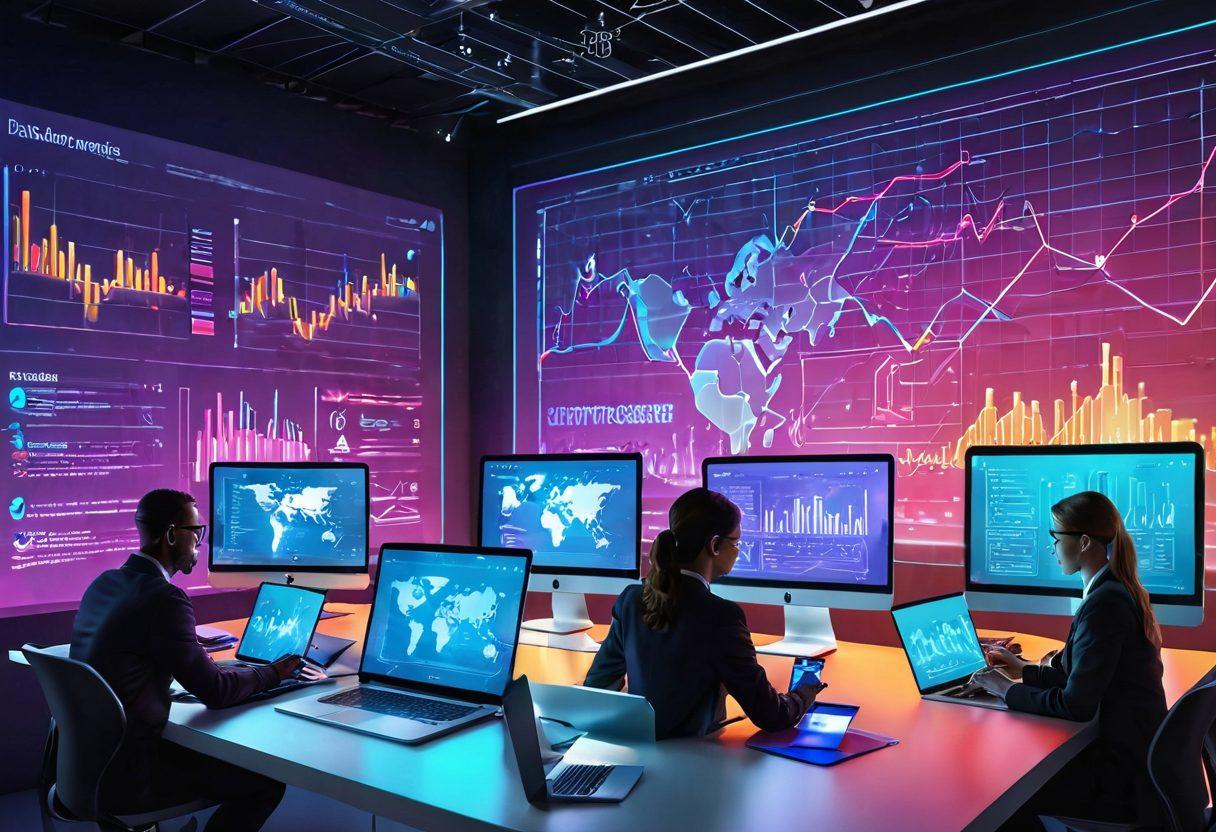 A futuristic digital workspace bustling with activity, featuring diverse individuals collaborating on laptops and tablets, surrounded by vibrant holographic graphs and charts showcasing online growth statistics. Bright, eye-catching colors emphasize a sense of innovation and energy. The background hints at a global connection through glowing network lines. modern illustration. vibrant colors. 3D.